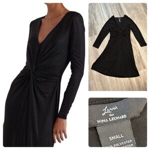 NINA LEONARD black twist front long sleeve dress. Very flattering. Stretch.